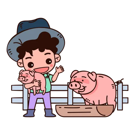 Farmer with Pigs Illustration