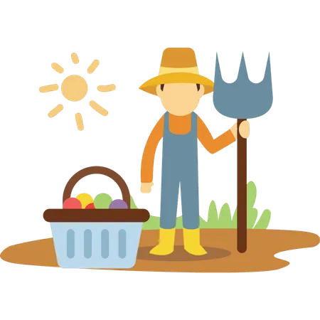 Farmer with pitchfork near fruit bucket Illustration