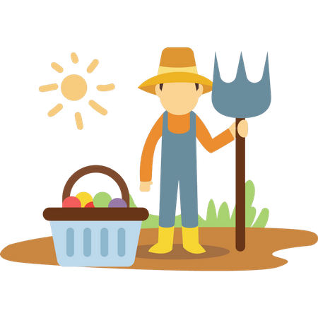 Farmer with pitchfork near fruit bucket  Illustration