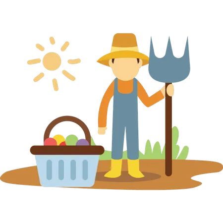 Farmer with pitchfork near fruit bucket  Illustration