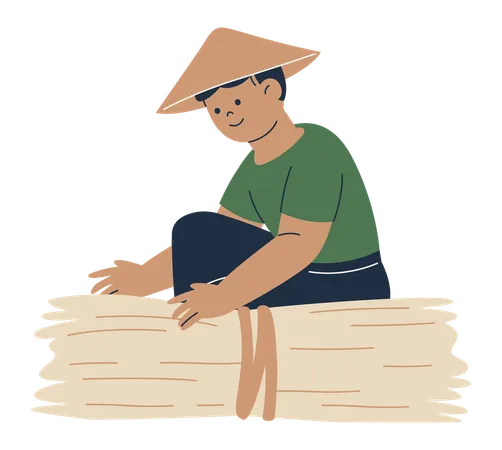 Farmer with Rice Bales  Illustration