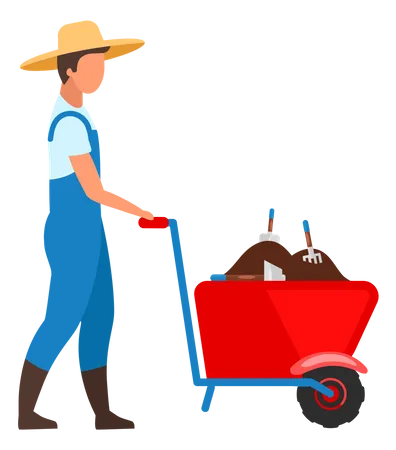 Farmer With Wheelbarrow Flat Vector Illustration Farm Worker Transporting Soil Ground With Gardening Tools Man In Farm Hat Cartoon Character Isolated On White Background Farmland Work Cultivation Illustration