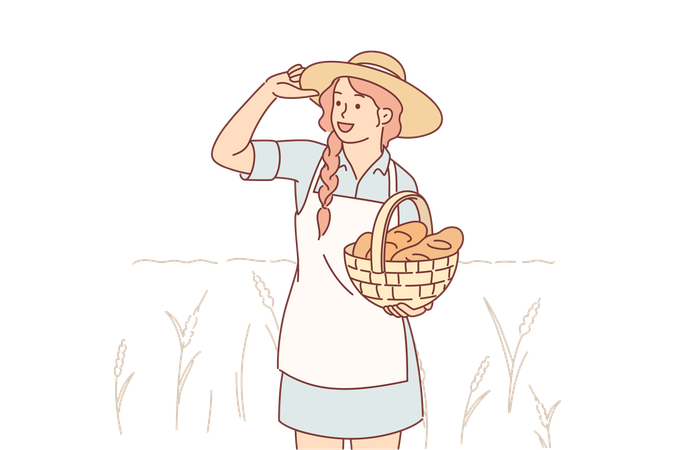 Farmer woman holds basket with fresh bread  일러스트레이션