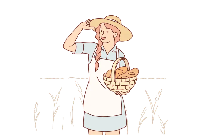 Farmer Woman Stands In Wheat Field With Spikelets And Smiles Holds Basket With Fresh Bread Cheerful Girl Is Engaged In Cultivation Of Organic Wheat And Grains For Production Of Delicious Buns Illustration