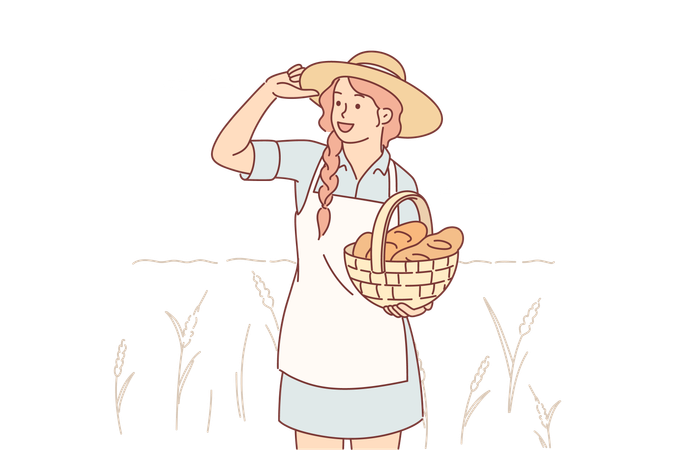 Farmer woman holds basket with fresh bread  Illustration