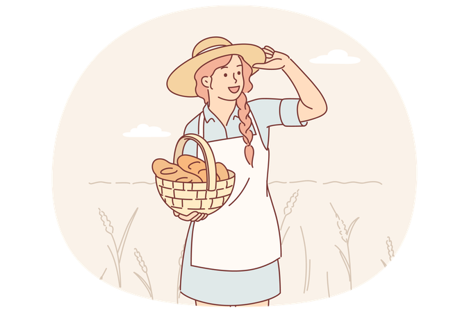 Farmer woman stands in wheat field with spikelets  Illustration