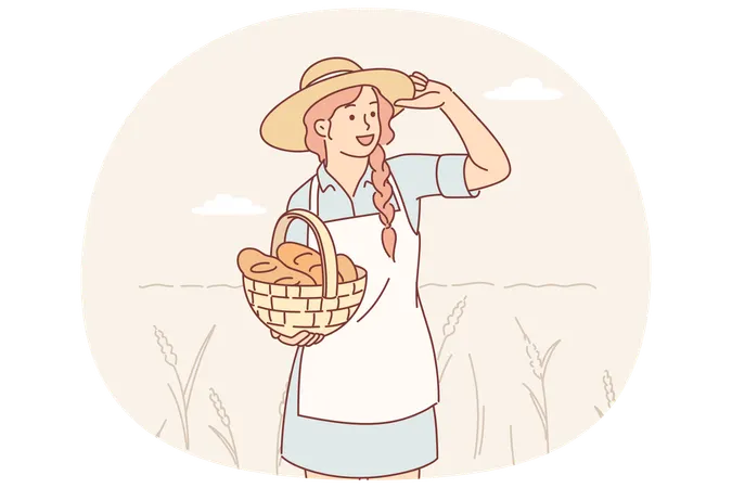 Farmer woman stands in wheat field with spikelets  Illustration