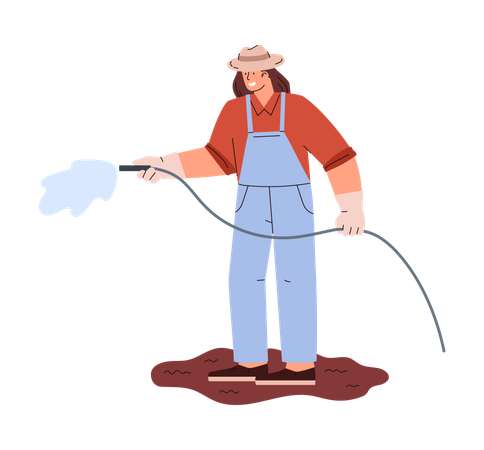 Farmer worker watering plants with hose  Illustration