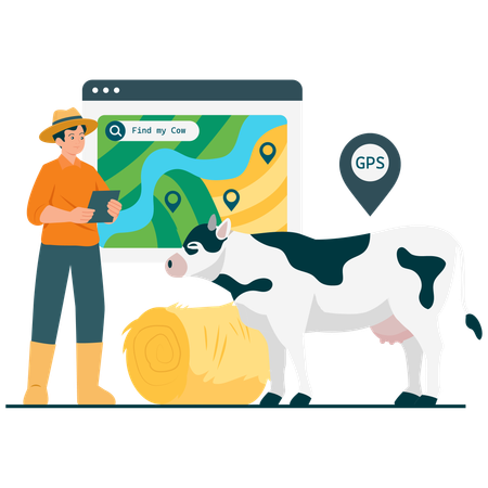 Farmer working on GPS Livestock Tracking  Illustration