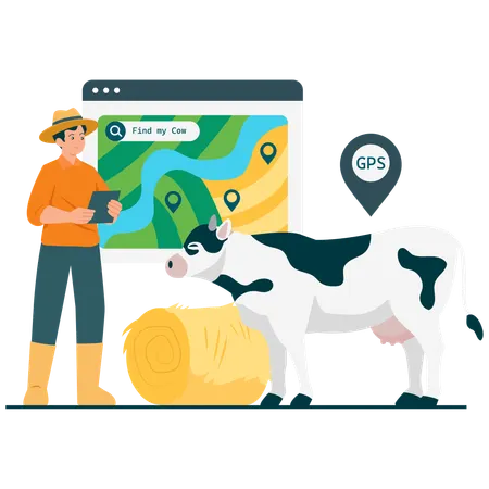 Farmer working on GPS Livestock Tracking  Illustration