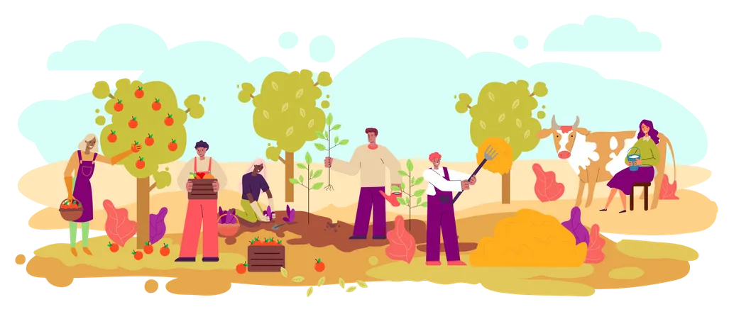 Farmers harvesting and growing animals  Illustration