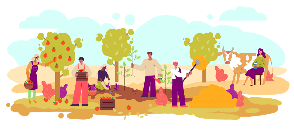 Farmers harvesting and growing animals  Illustration