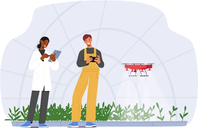 Farmers Manage Farm Or Smart Greenhouse With Innovative Technology Illustration