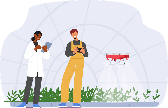 Farmers Manage Farm Or Smart Greenhouse With Innovative Technology  Illustration