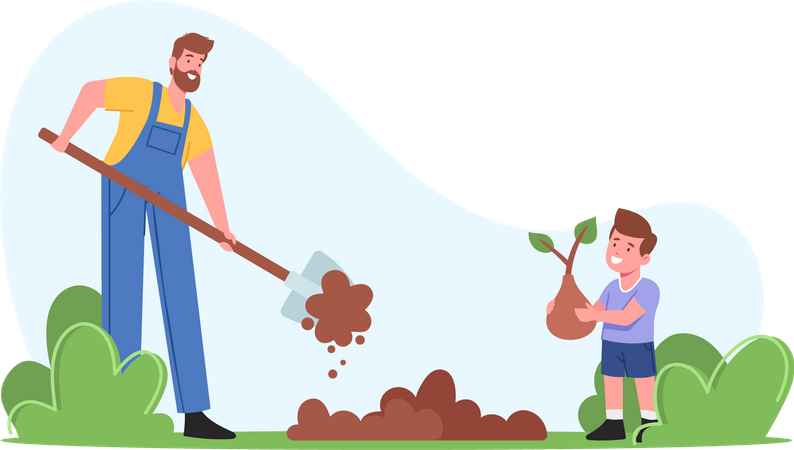 Farmers or Cottagers Working in Garden  Illustration