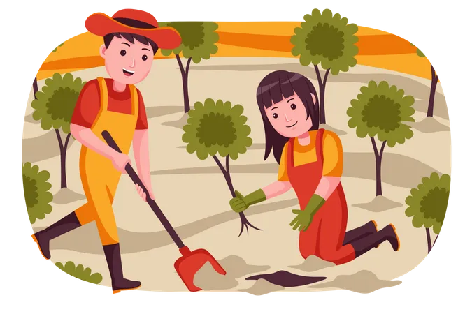 Farmers planting trees in farm Illustration