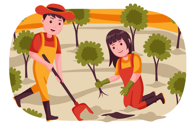 Farmers planting trees in farm  Illustration