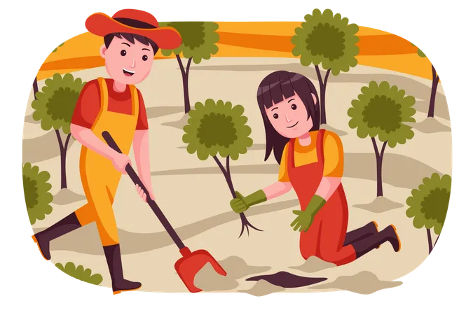 Farmers planting trees in farm  Illustration