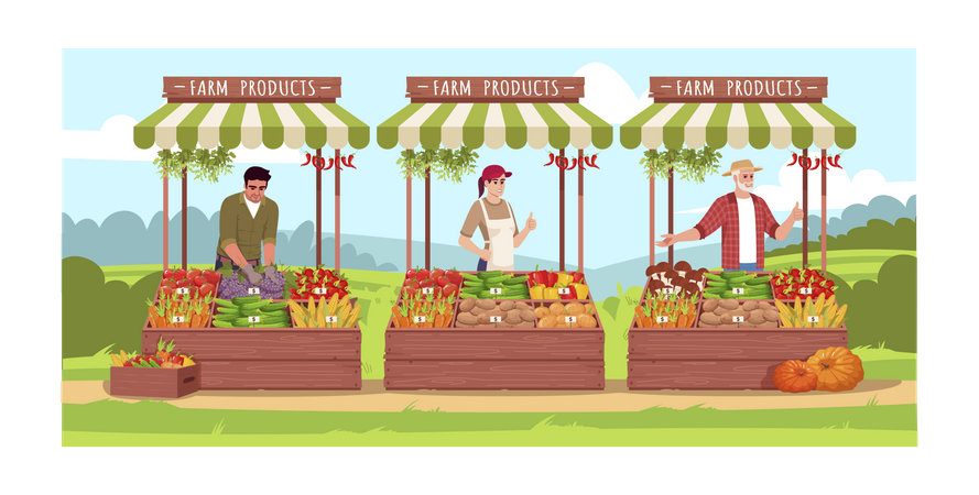 Farmers sell vegetables and fruits  Illustration