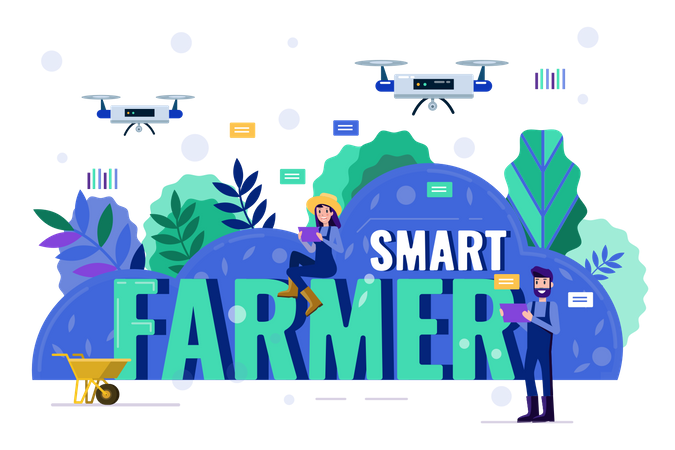 Farmers using smart monitors to manage their garden farm  Illustration