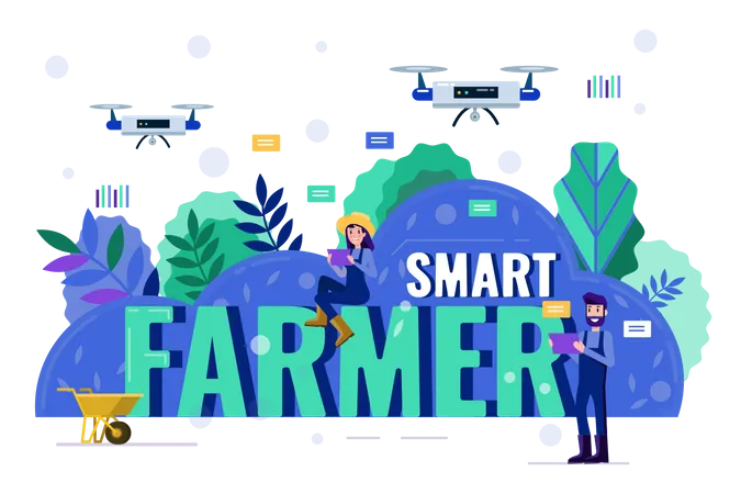 Farmers using smart monitors to manage their garden farm  Illustration