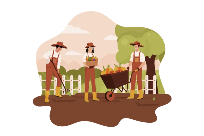 Farmers with fruit trolley Illustration