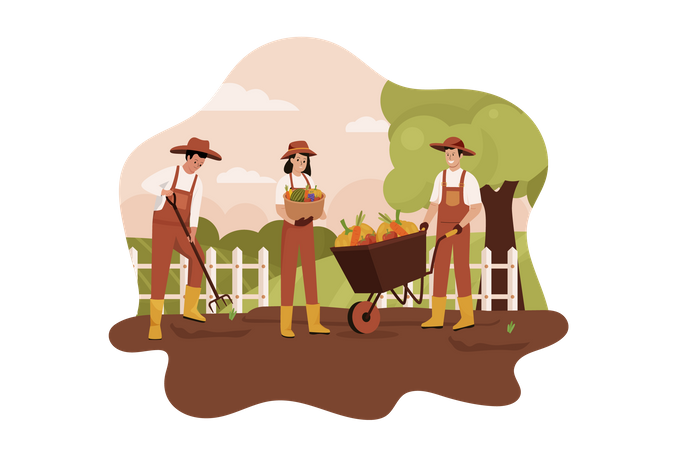 Farmers with fruit trolley  Illustration