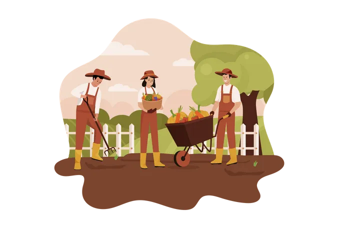 Farmers with fruit trolley  Illustration