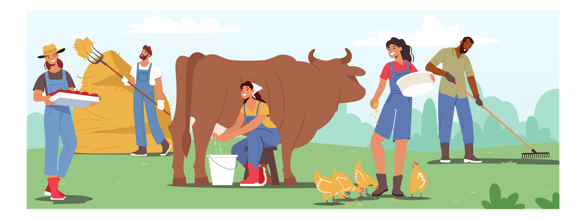 Farmers working at farm land Illustration