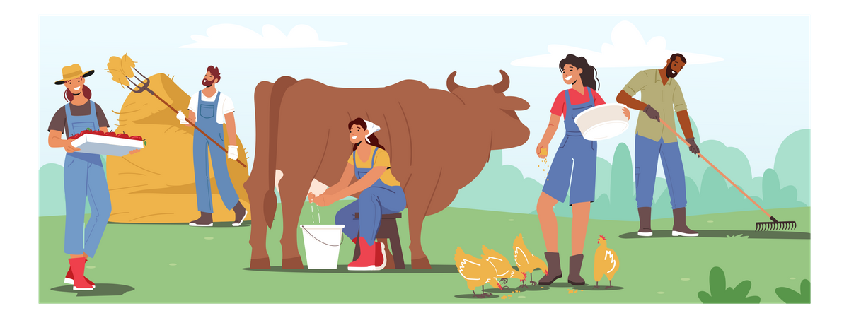 Farmers working at farm land  Illustration