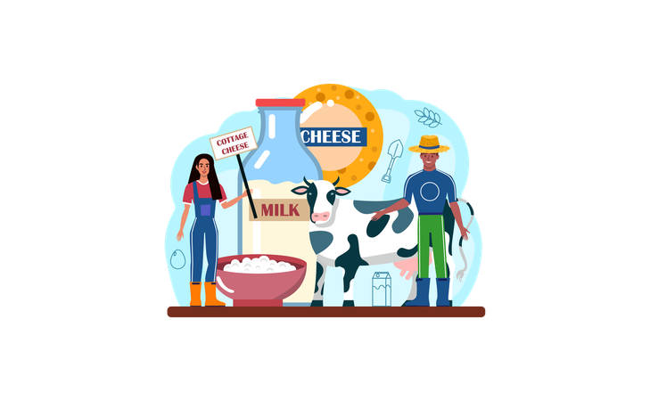 Farmers yield animals for milk products  Illustration