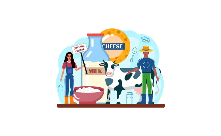 Farmers yield animals for milk products  Illustration