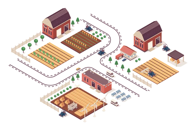Farming Concept 3 D Isometric Web Infographic Workflow Process Infrastructure Map With Farmland Barns And Fields For Seeding Plowing Harvesting Vector Illustration In Isometry Graphic Design イラスト