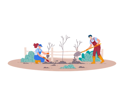 Farming people digging with shovel  Illustration