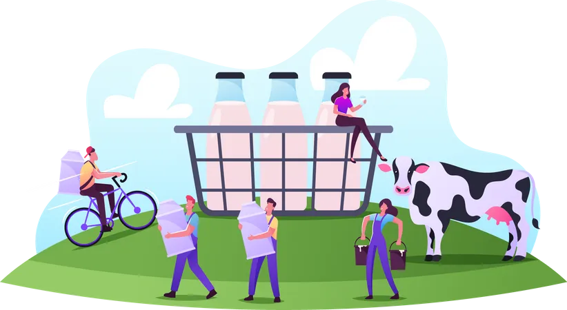 Farming Rancher Characters Working On Animal Farm Milking Cow And Delivering Dairy Production On Bicycle To Customers Tiny People Around Of Huge Basket With Milk Bottles Cartoon Vector Illustration Illustration