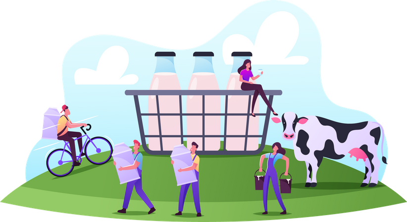 Farming Rancher Working on Animal Farm Milking Cow  Illustration