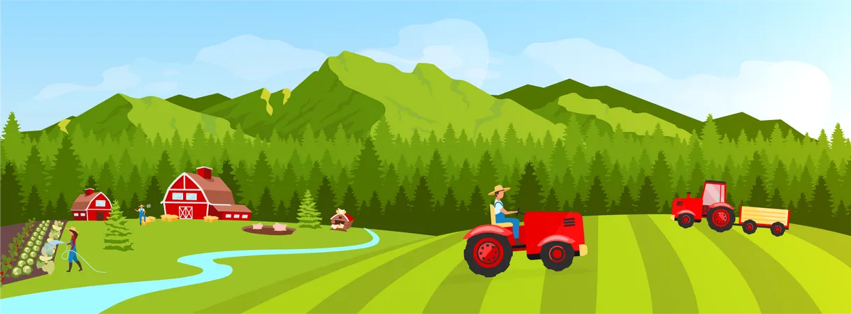 Farmland Flat Color Vector Illustration Filed And Plantation Rural Landscape Vegetables Cultivation And Harvesting Farmers 2 D Cartoon Character With Coniferous Forest And Mountains On Background 일러스트레이션