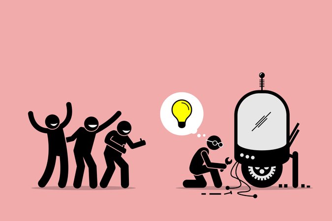 Fãs elogiando e apoiando um inventor por criar uma nova ideia e fazer coisas novas  Illustration
