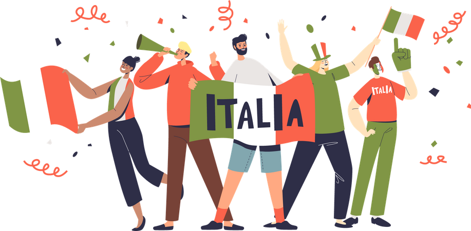Fãs italianos celebram o Dia da Itália vestindo cores nacionais e segurando bandeiras  Ilustração