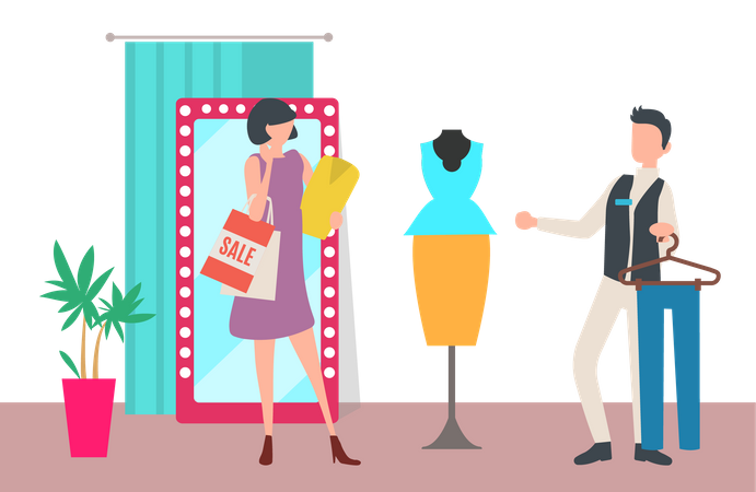 Fashion assistant showing clothes to client Illustration