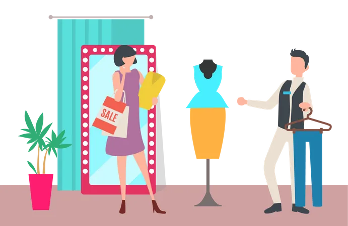 Fashion assistant showing clothes to client Illustration