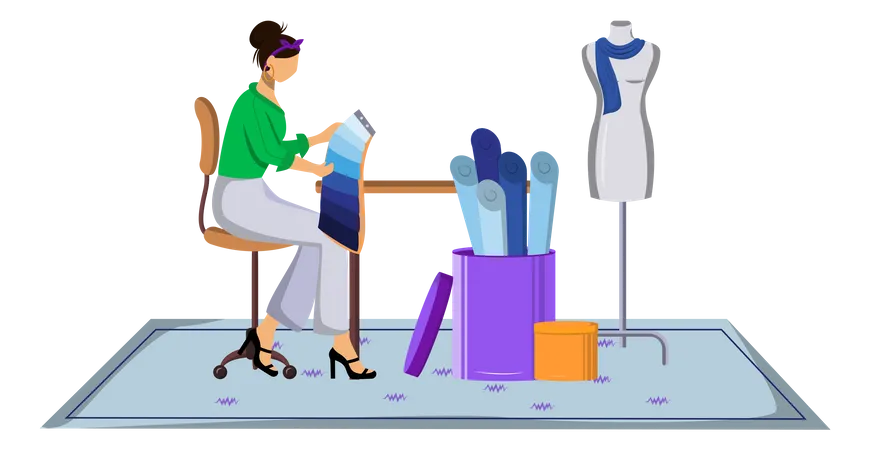 Fashion Designer Atelier Flat Color Vector Illustration Choosing Right Color And Textile At Workshop Designing Clothes In Tailor Studio Isolated Cartoon Character On White Background Illustration