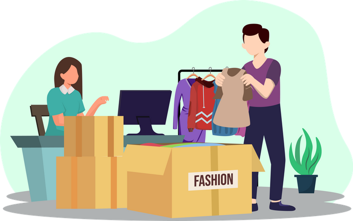 Fashion designer putting cloth in delivery box  Illustration