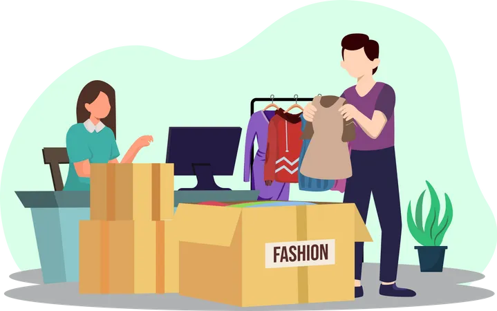 Fashion designer putting cloth in delivery box  Illustration