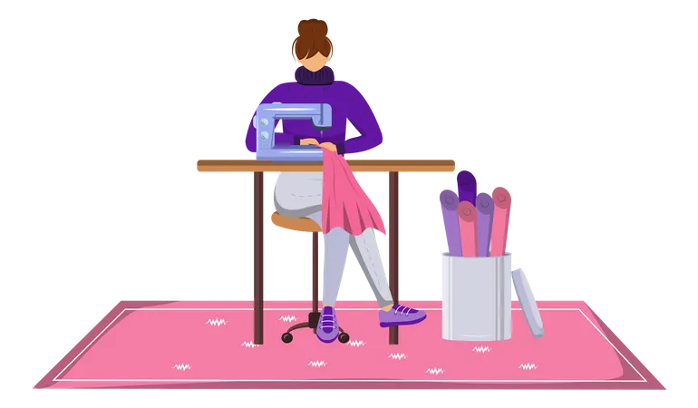 Fashion Designer Atelier Flat Color Vector Illustration Assistant With Sewing Machine At Workshop Designing And Reparing Clothes In Tailor Studio Isolated Cartoon Character On White Background Illustration