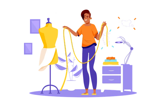 Fashion Designer Violet Concept With People Scene In The Flat Cartoon Style A Fashion Designer Sketches A New Dress In Her Studio Vector Illustration Illustration