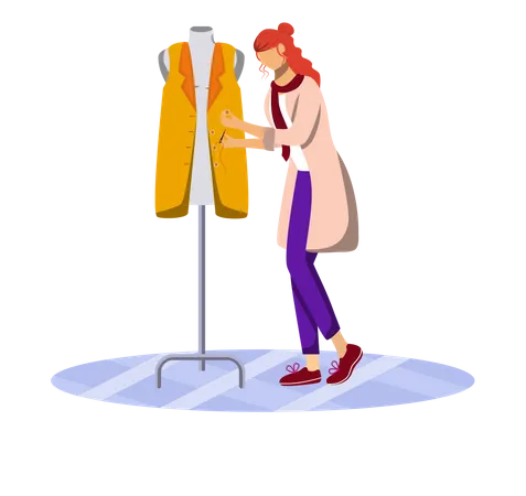 Fashion Designer In Atelier Flat Color Vector Illustration Creating Modern Handmade Clothes At Workshop Sewing And Reparing Vest In Tailor Studio Isolated Cartoon Character On White Background Illustration