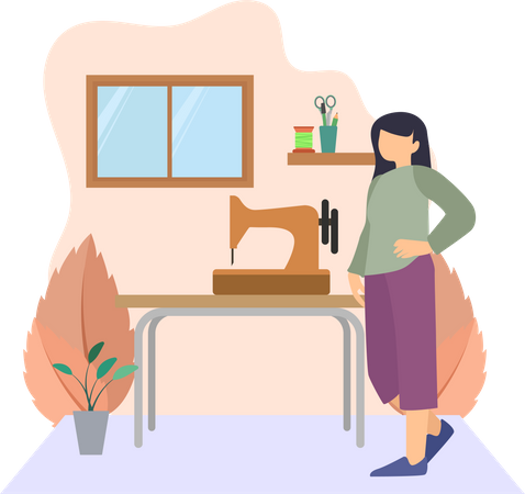 Fashion Dressmaker standing near sewing machine  Illustration