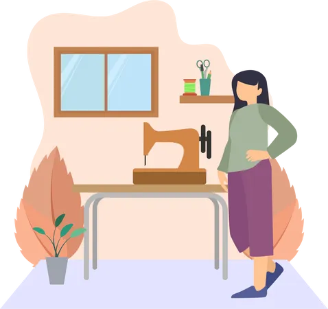 Fashion Dressmaker standing near sewing machine  Illustration