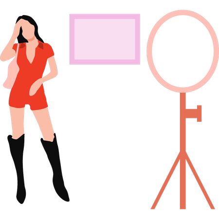Fashion girl is posing in front of ring light  Illustration